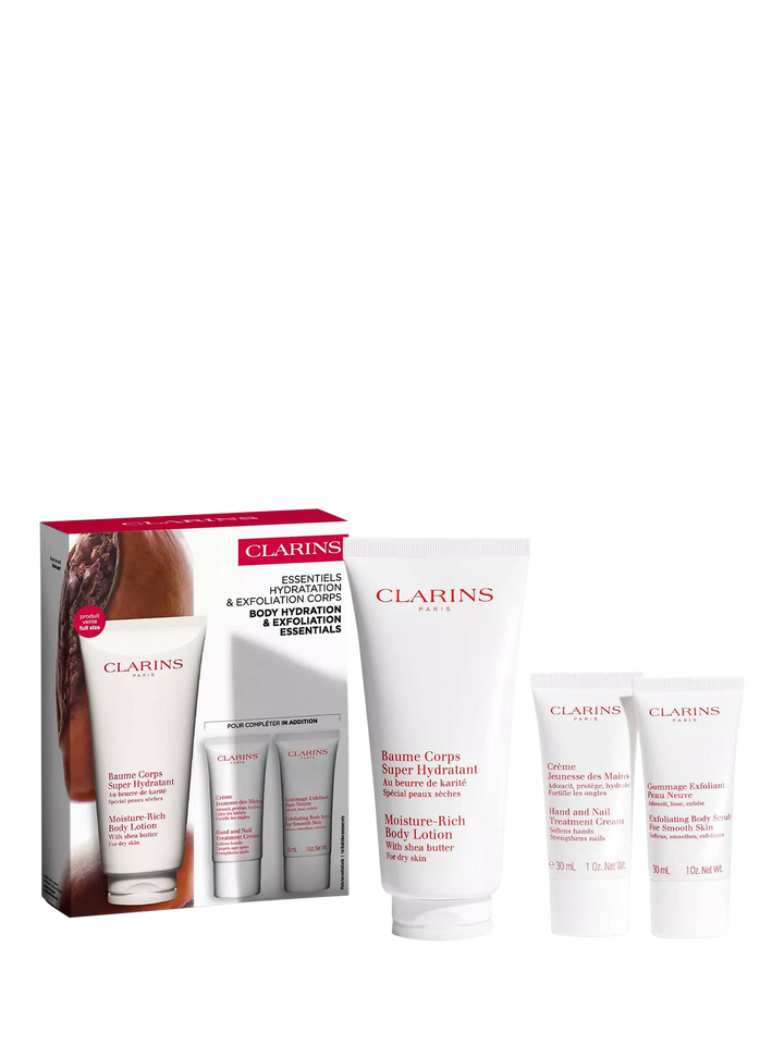 Clarins Body Care Set: Rich Body Lotion 200ml + Hand and Nail Treatment Cream 30ml + Body Scrub 30ml