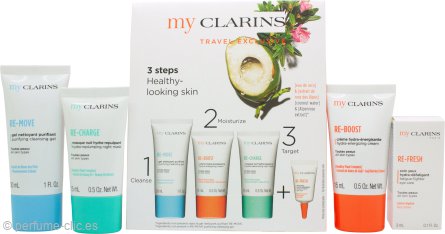 Clarins Grab And Go Set 30ml Cleansing Gel + 15ml Reboost Cream + 15ml Recharge Mask + 3ml Eye Treatment