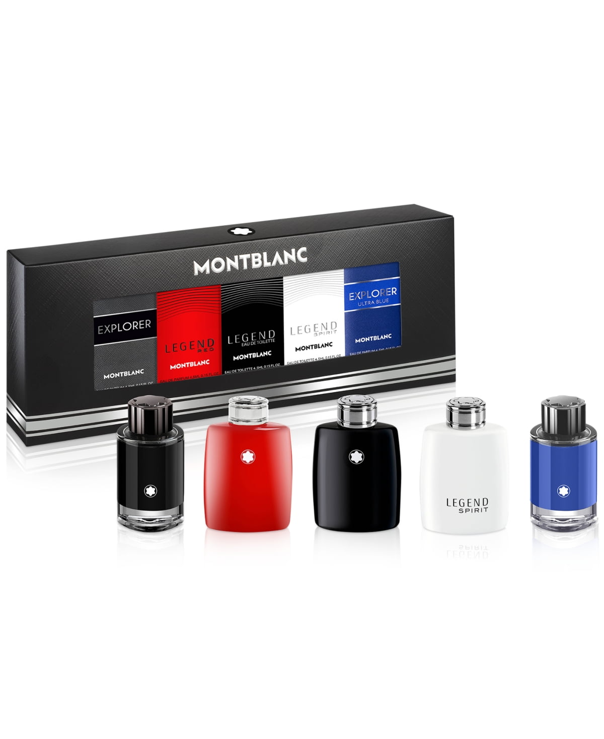 Montblanc Men's Mini Set Gift Set - 5 Pieces (Montblanc Explorer, Legend Red, Legend Eau de Toilette, Legend Blue, and Explorer Platinum, each in a 4.5 ml bottle.)