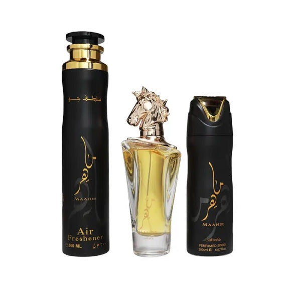 Lattafa Perfumes Maahir Gift Set 100ml EDP + 200ml Perfumed Body Spray + 300ml Air Freshener
